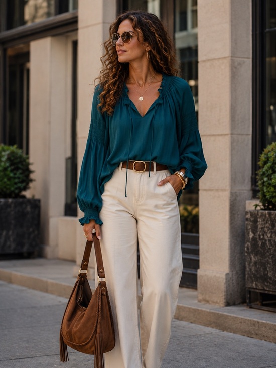 Express Tops - EXPRESS Women's Teal Long Sleeve Peasant Tie V-neck Blouse Top M